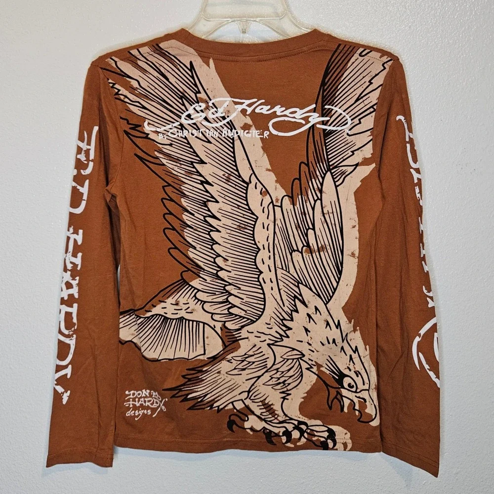 Kids Ed Hardy Long Sleeve T Shirt Brown Eagle Graphic‎